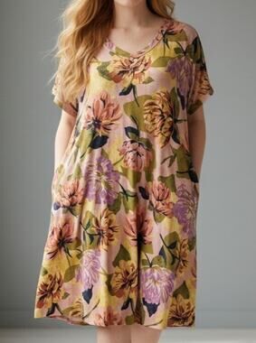 Women's Plus TERRA & SKY Floral Short Cap Sleeve Swing Knit Dress Size 1X